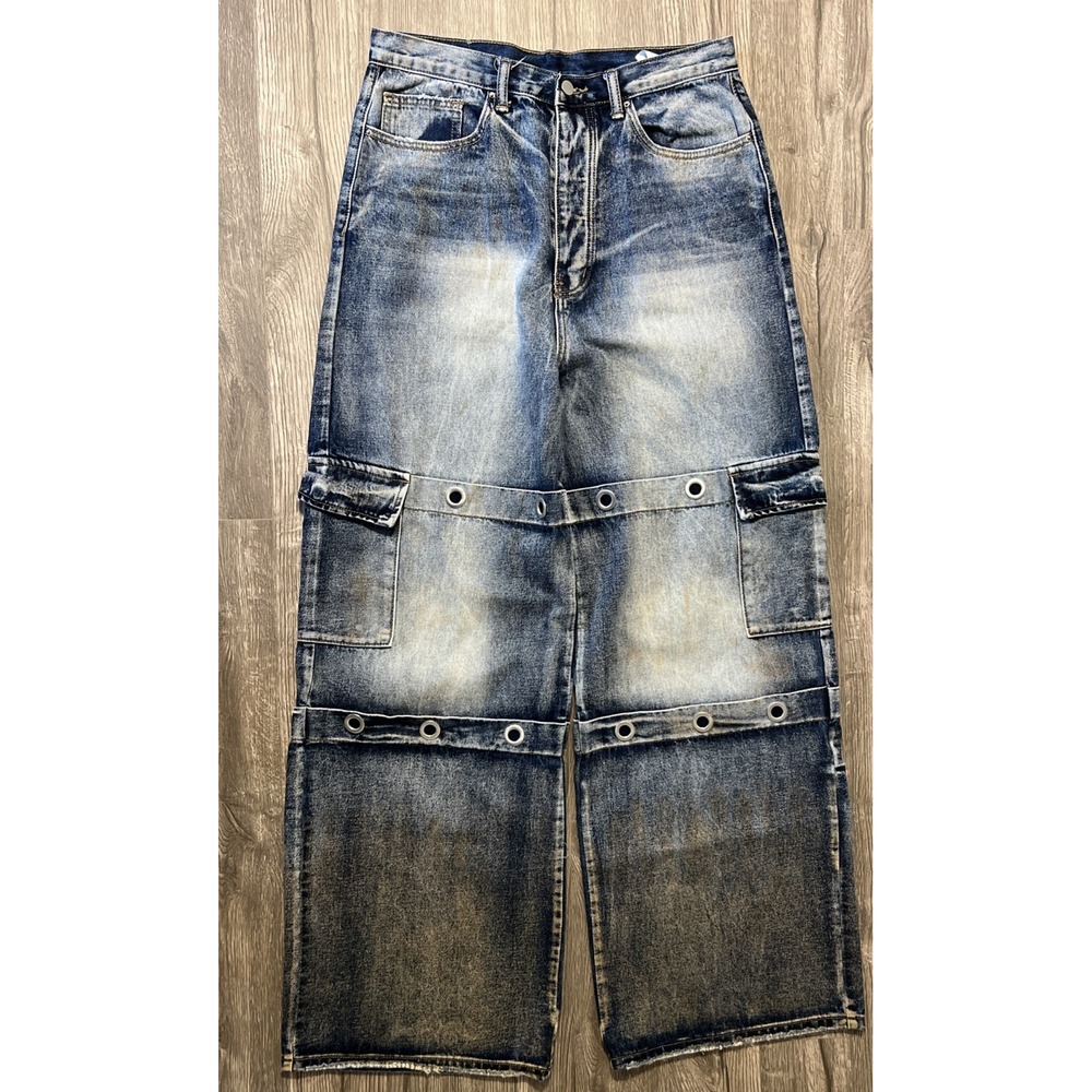 MNML Baggy Wide Leg Faded/Rust Button Fly Blue Jeans Grommets/Eyelets Size 33x35